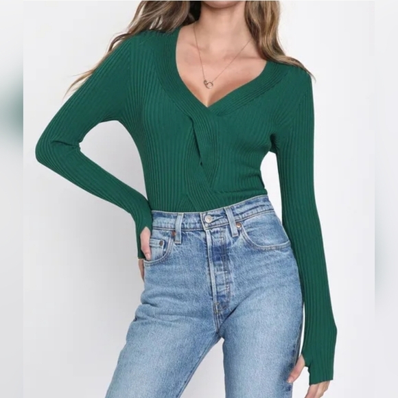 Lulus Sweaters - Lulus Emerald Green Ribbed Braided Long Sleeve Sweater Top XS